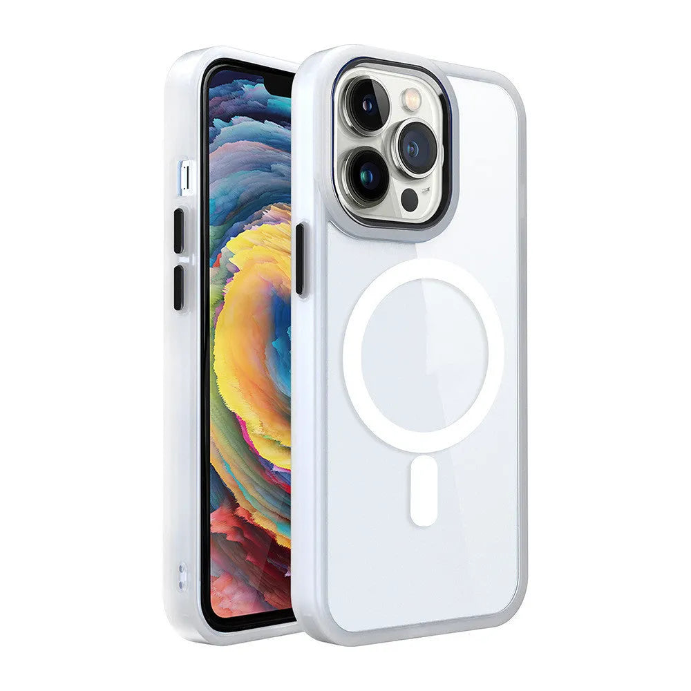 Transparent magnetic silicone phone case for iPhone on a table, showing the solid colour accent and integrated ring.