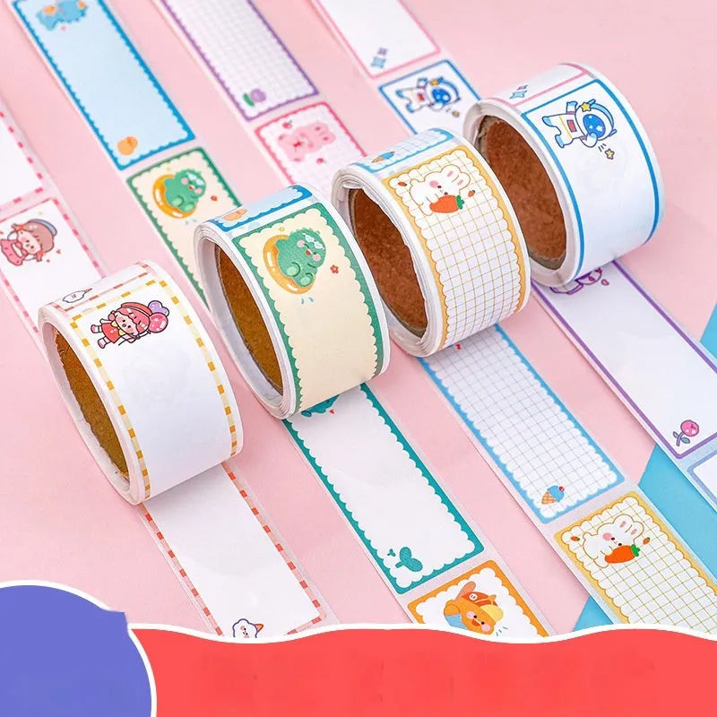 Roll of cartoon tape name stickers showing dinosaur, astronaut, rabbit, and girl designs with 60 stickers