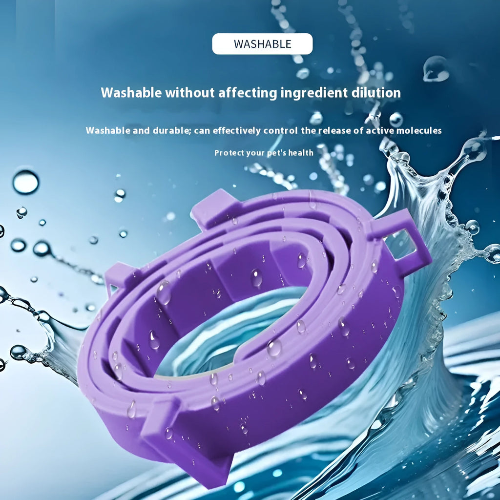 Adjustable calming collar for dogs and cats in orange, blue, grey, purple, sizes 38cm and 63.5cm.