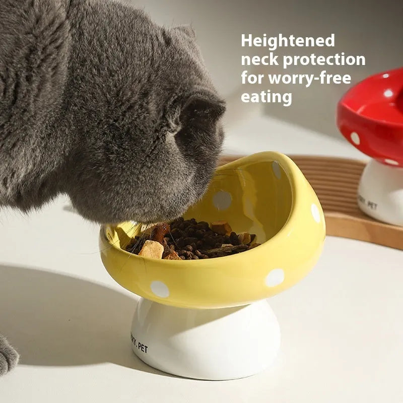 Ceramic cat bowl with oblique mouth rim, 200ml, black and white polka dot pattern