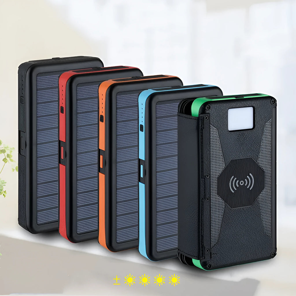 20000mAh magnetic solar power bank in black with IPX5 waterproof rating, showing solar panel and LED light