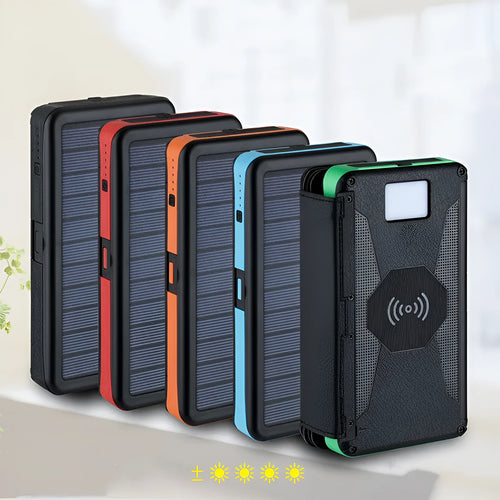 20000mAh magnetic solar power bank in black with IPX5 waterproof rating, showing solar panel and LED light