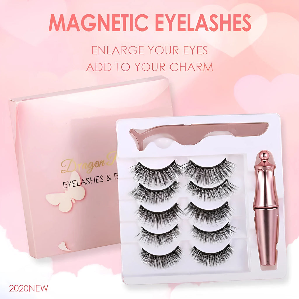 Five pairs of magnetic false eyelashes in styles D011 to D015 with tweezers and eyeliner on a flat surface