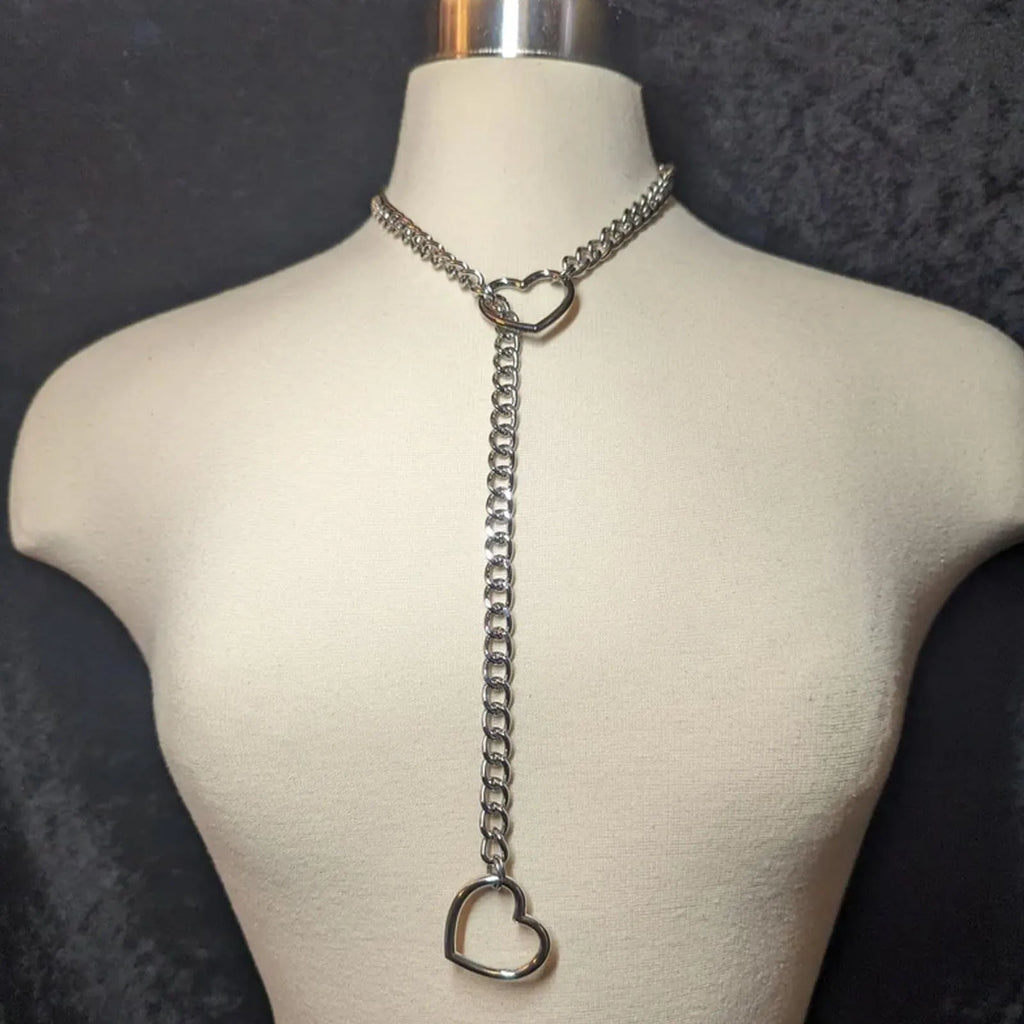 Stainless steel lariat heart necklace with long regular chain in steel, gun black, or gold