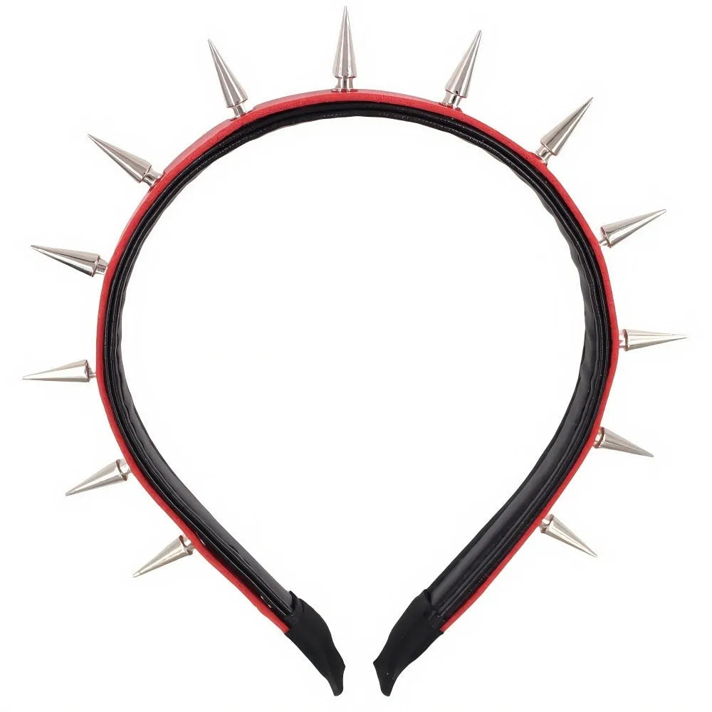 Punk rivet headband in black metal with tapered pointed nail spikes, unisex hair accessory on a solid background