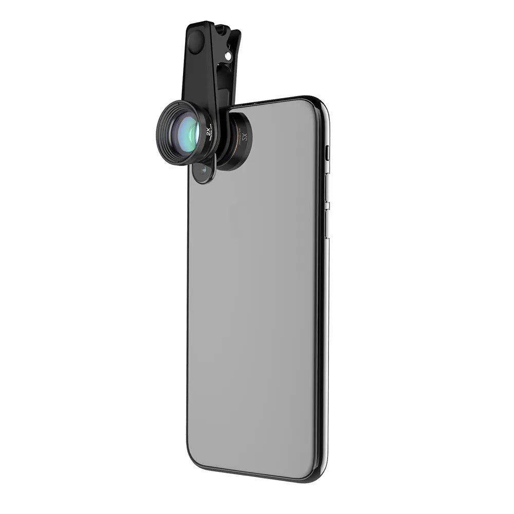 Black 6-in-1 smartphone camera lens kit with fisheye, wide-angle, telephoto lenses and filters in a case.