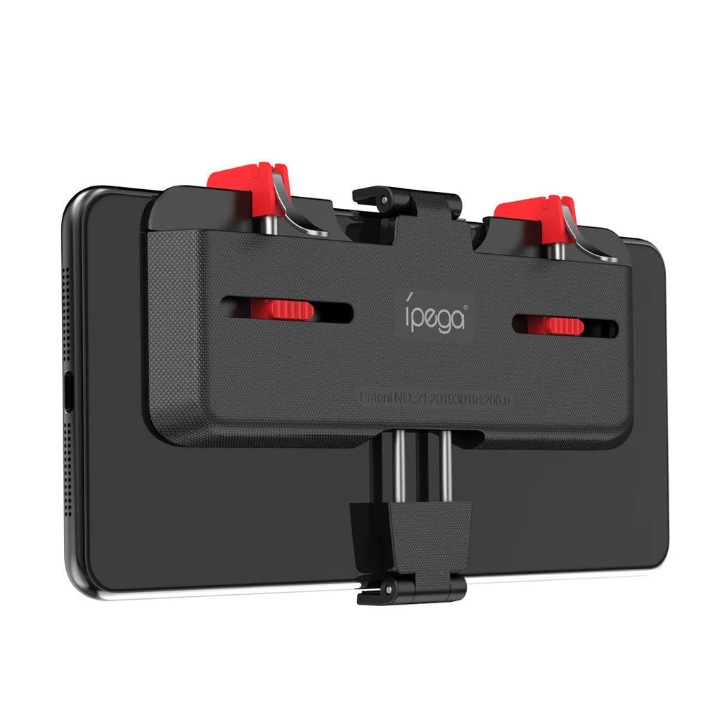 Black mobile gaming trigger handle showing metal trigger and adjustable phone clip