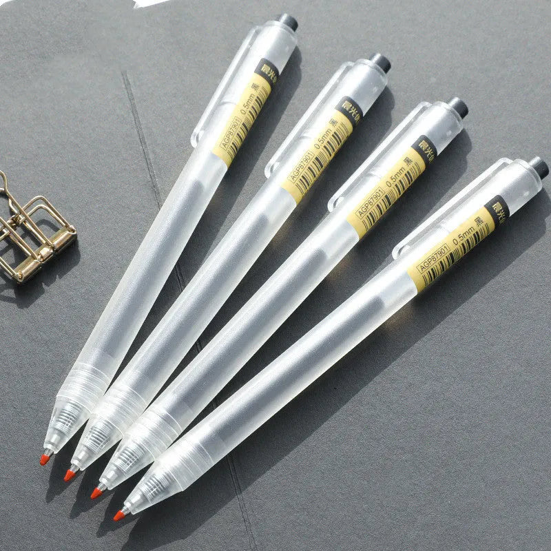 Set of twelve black frosted gel pens with retractable design and 0.5mm tips alongside two spare refills
