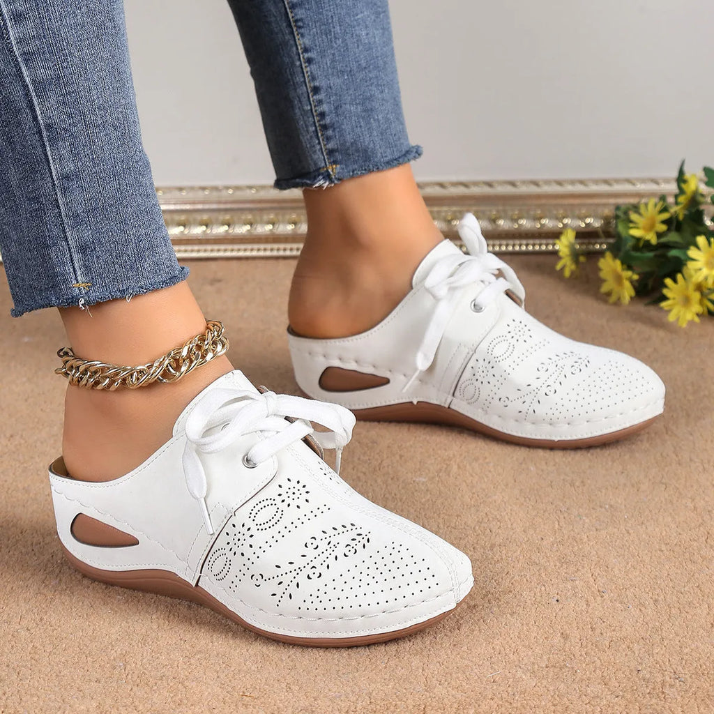 Women's lace-up wedge slippers with hollow out design in light grey colour