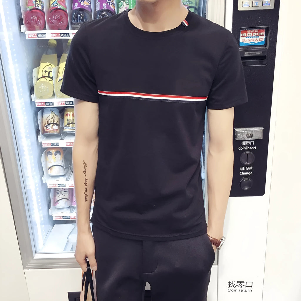 Men's round neck T-shirt in milk silk fabric, shown in white, red, black, and black and white colour options.