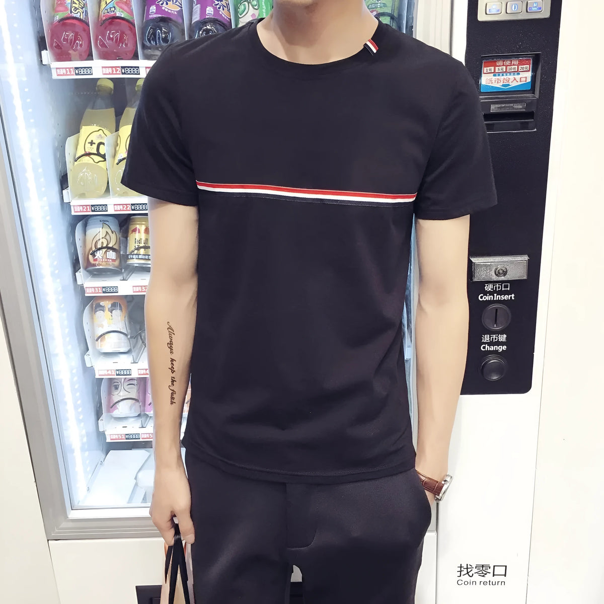 Men's round neck T-shirt in milk silk fabric, shown in white, red, black, and black and white colour options.