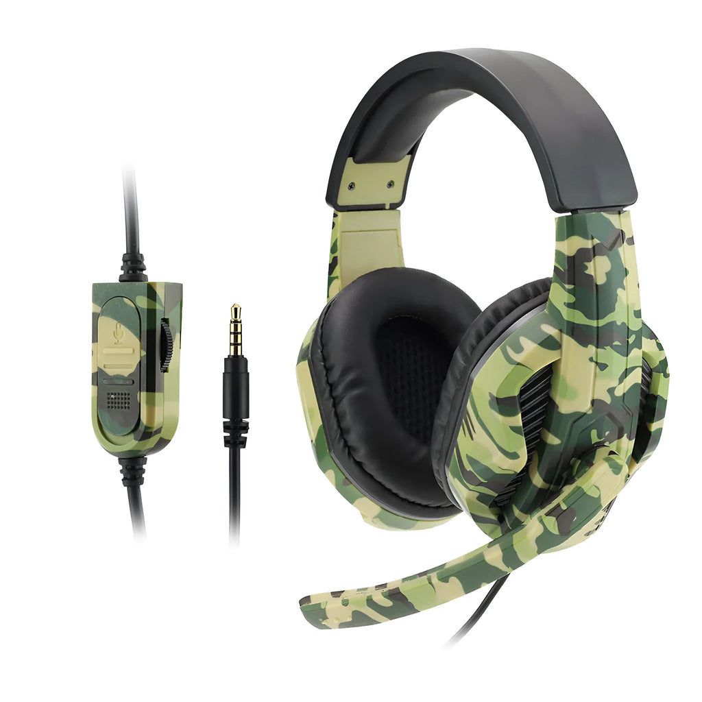 Army green camouflage wired gaming headset with over-ear design and 3.5mm straight plug