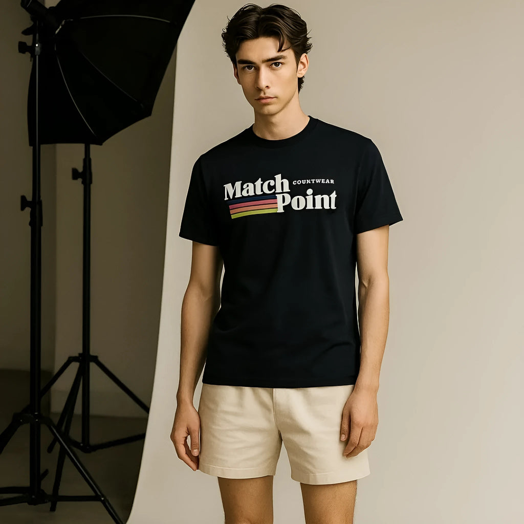 Black men's T-shirt with a 3D digital printed text pattern on the front.