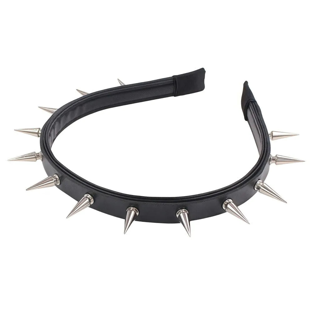 Punk rivet headband in black metal with tapered pointed nail spikes, unisex hair accessory on a solid background