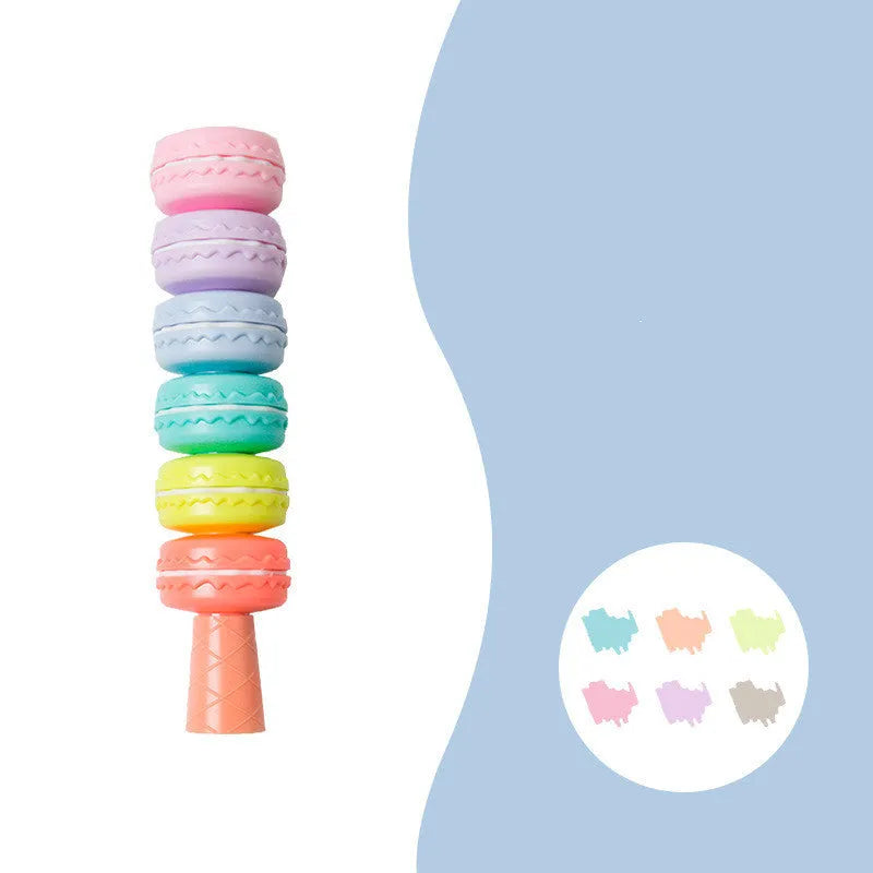 Set of 6 novelty cookie-shaped fluorescent highlighter pens in macaron colours with detachable design