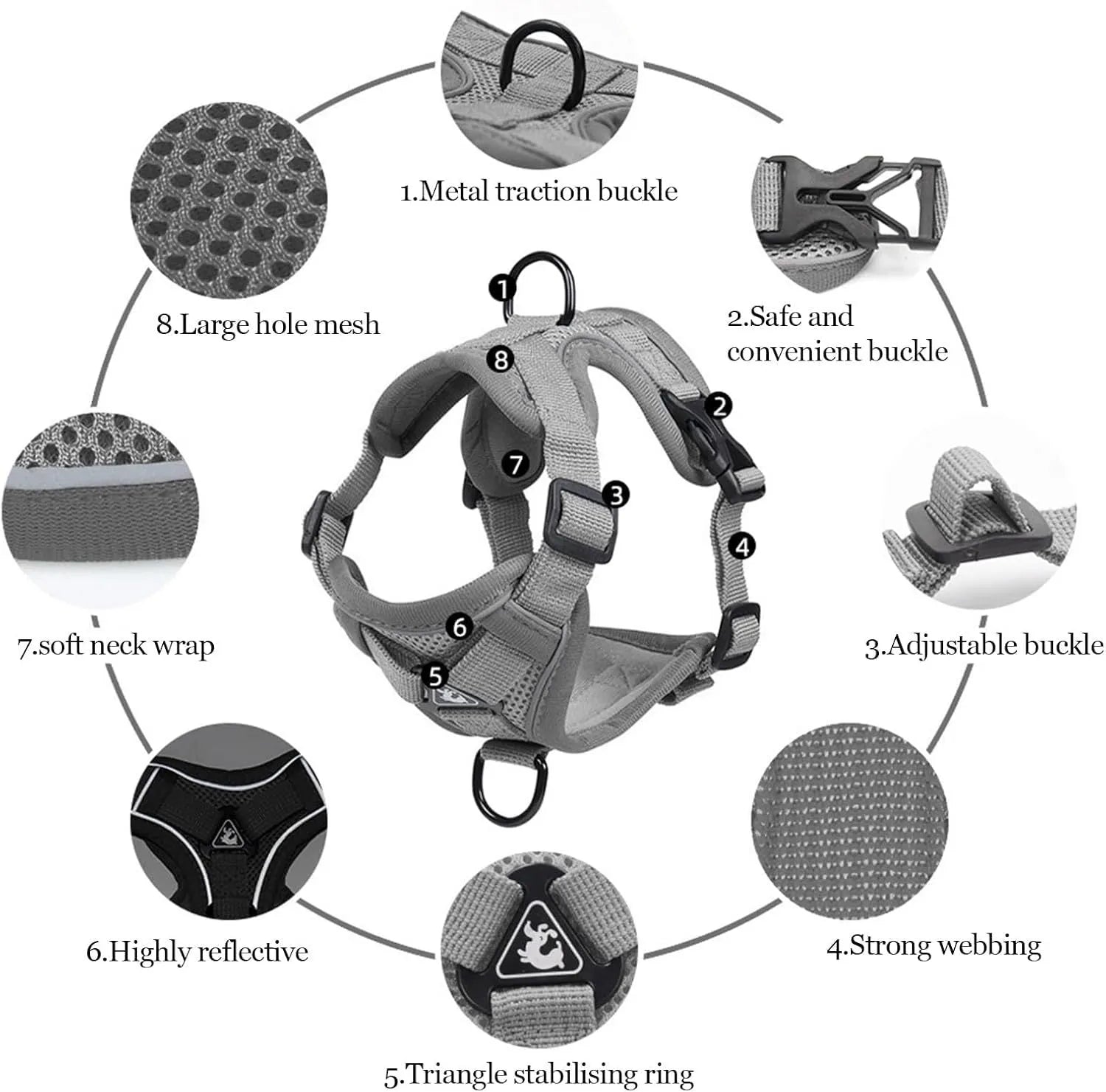 Grey adjustable cat chest harness and leash made from soft mesh with reflective strips.