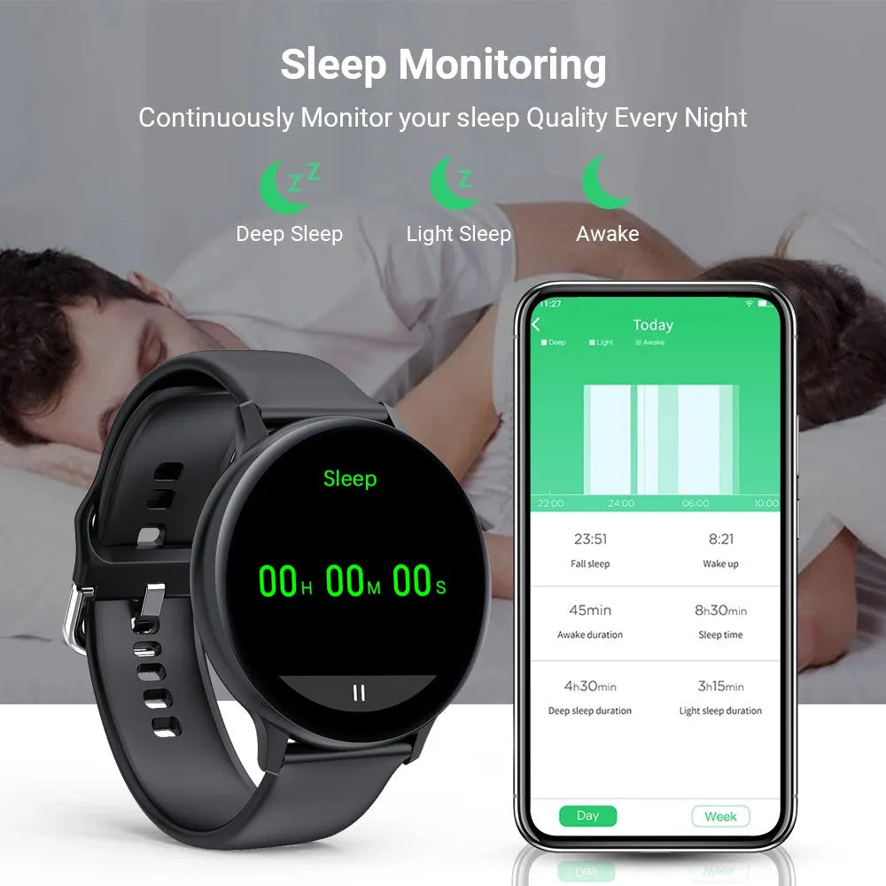 Smart bracelet watch with 1.3-inch screen on a wrist, showing health stats, available in black, blue, or red.