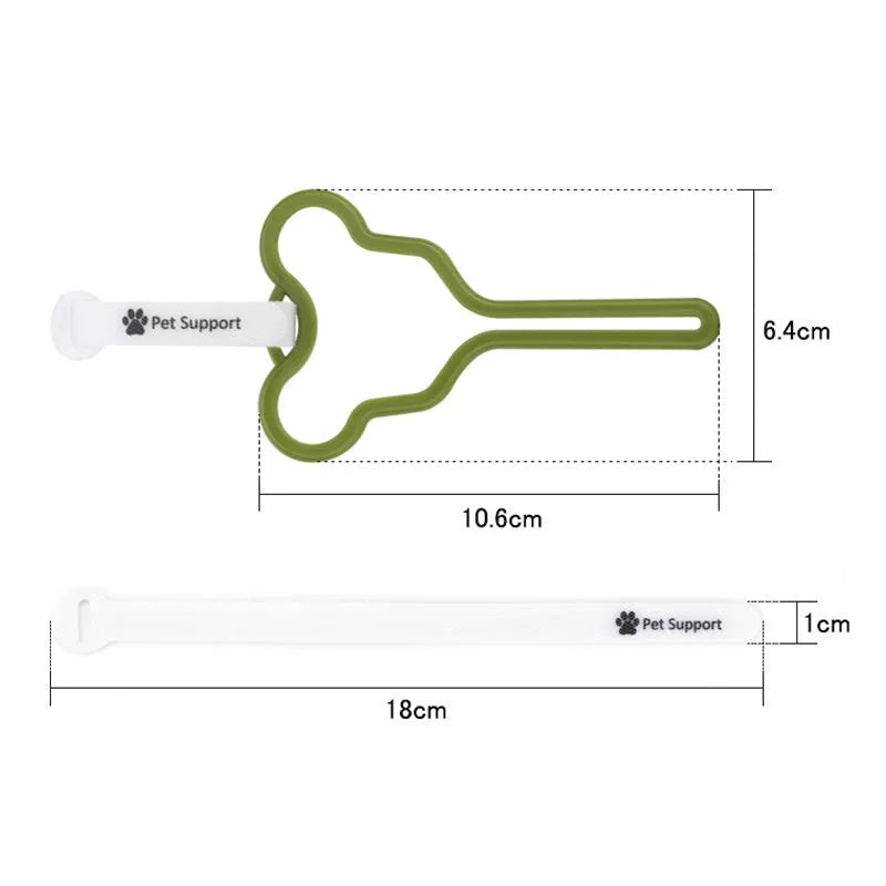A hands-free dog poop bag holder with a fixed metal clip and a black Velcro strap for leash attachment.