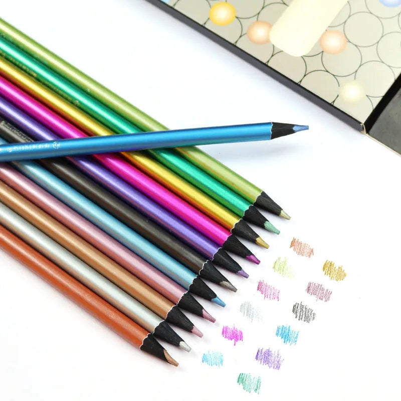12-color metallic colored pencils in wooden shell with 2B lead core, assorted shades