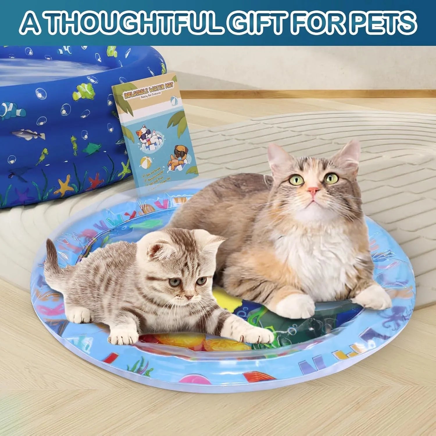 Square blue PVC water playmat for cats with floating fish toys inside, shown inflated on a floor.