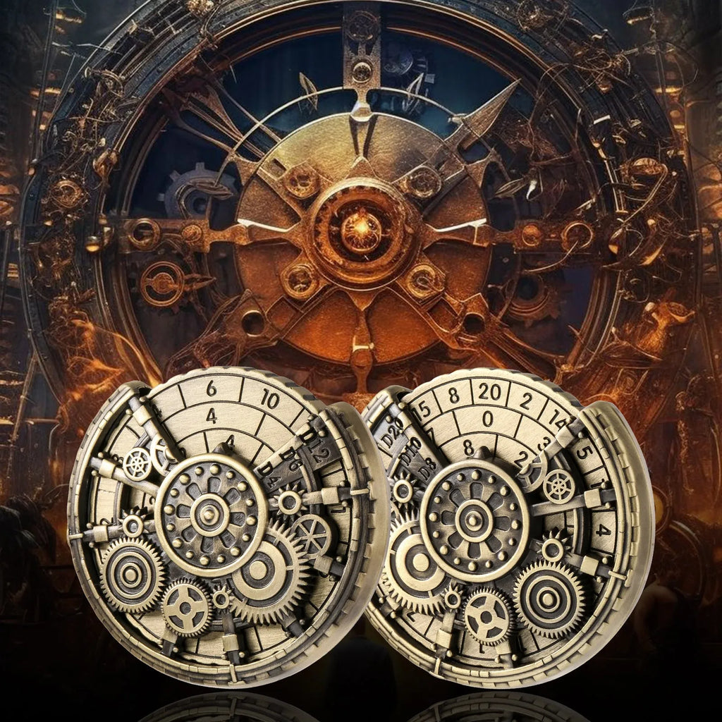 Retro fingertip gyroscope dice set with zinc alloy wheel in bronze and dark silver colours