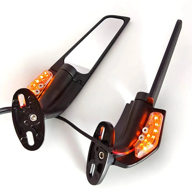 Motorcycle spoiler rearview mirror with yellow LED light, aluminium alloy construction, white convex lens