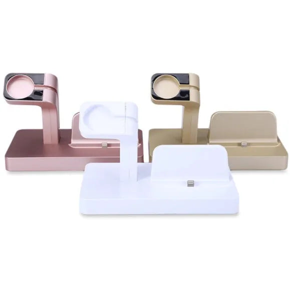 White 2-in-1 desktop charging dock holding an iPhone and an Apple Watch simultaneously.