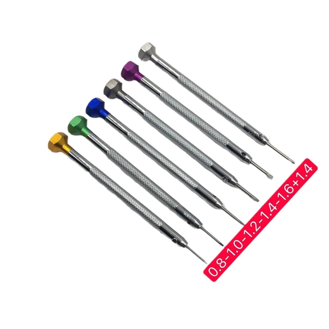 6-piece colour-coded watch repair screwdriver set with aluminium handles and spring steel cutter heads