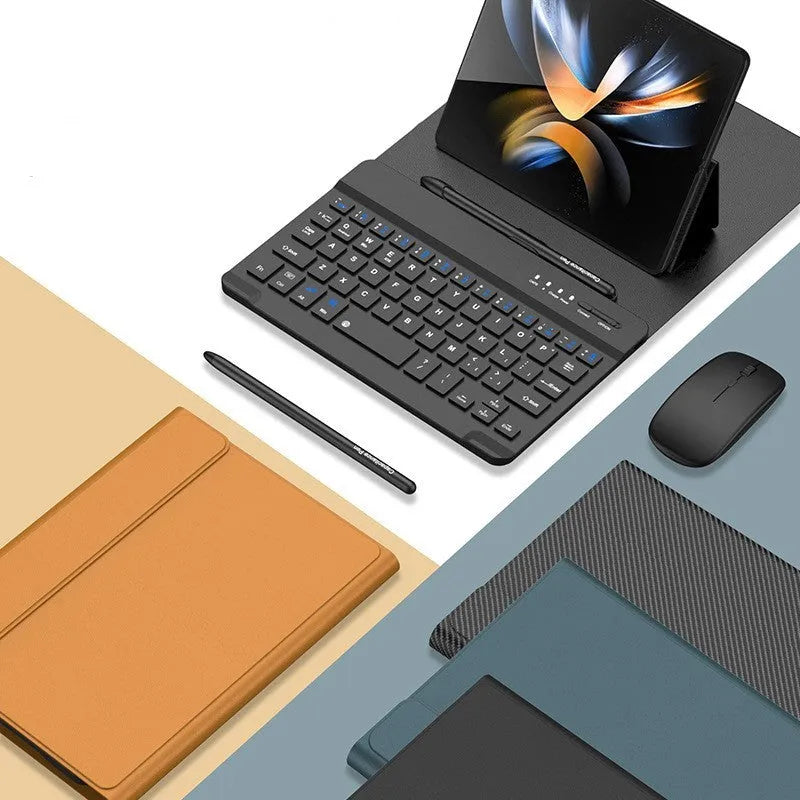 Samsung Fold PU keyboard case with wireless Bluetooth mouse and stylus holder in black