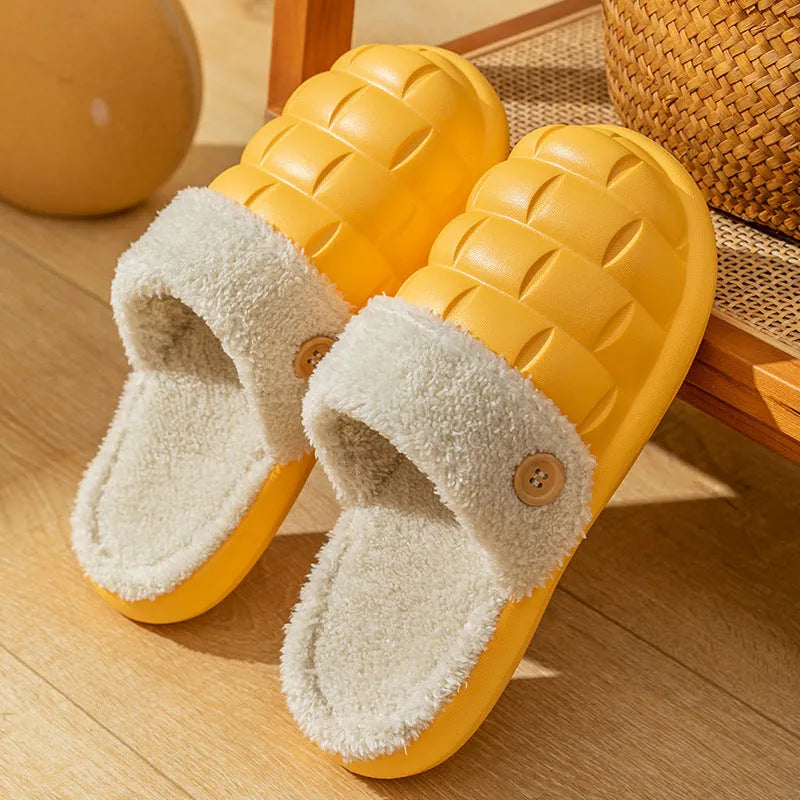 Plaid detachable EVA house slippers for women with plush lining, shown in pink.