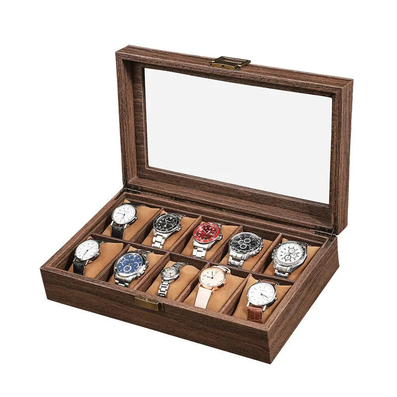 Wood grain PU leather watch storage box with glass lid showing multiple slots with soft pillows