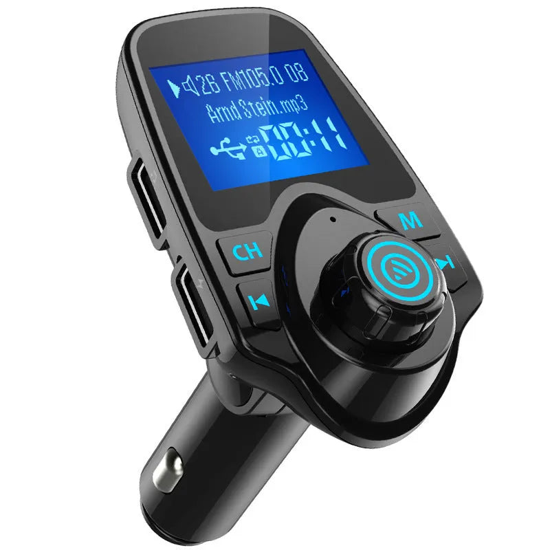 Black G7 Bluetooth car FM transmitter and hands-free kit plugged into a 12V car socket