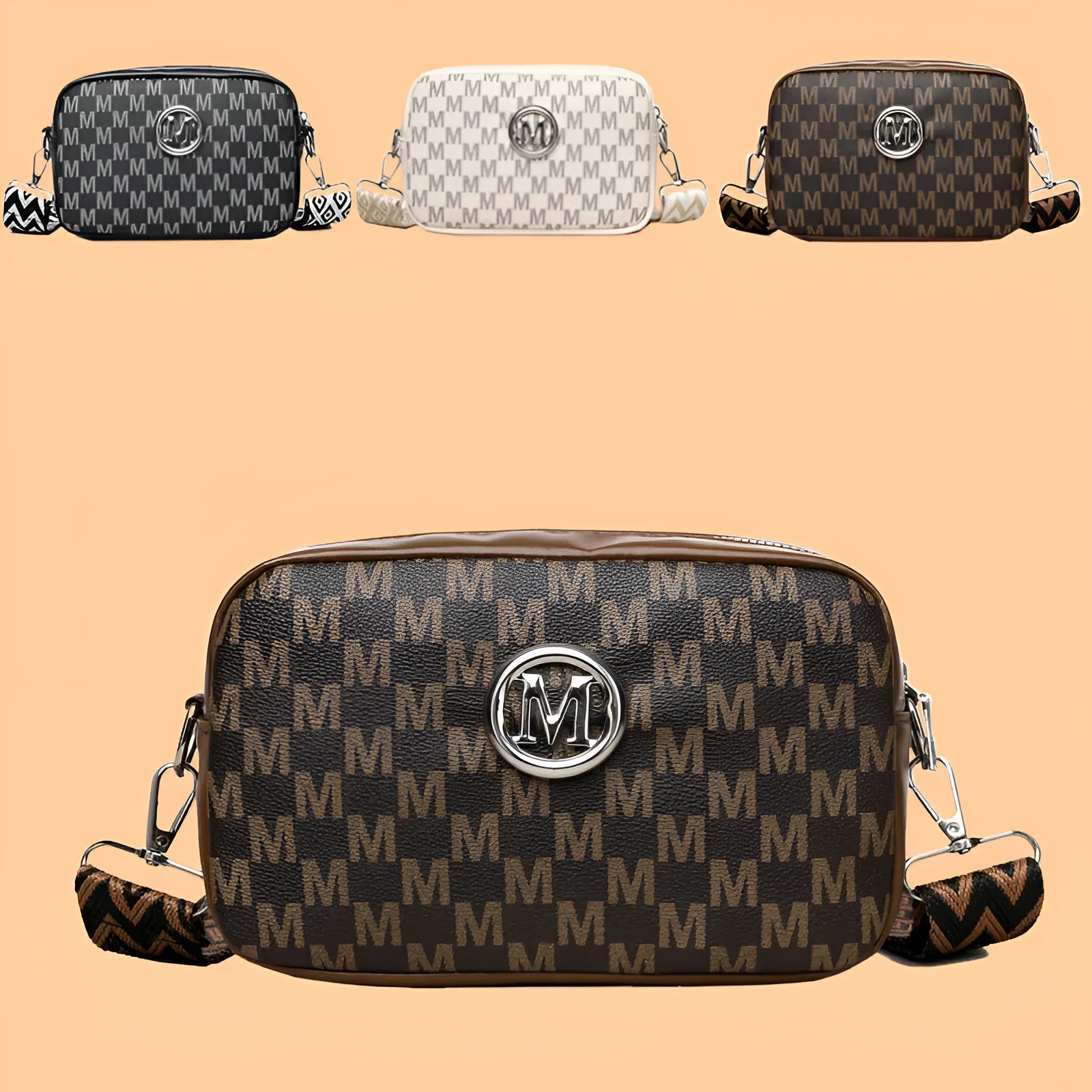 PU leather crossbody bag with wide adjustable strap and three-dimensional pocket in black colour