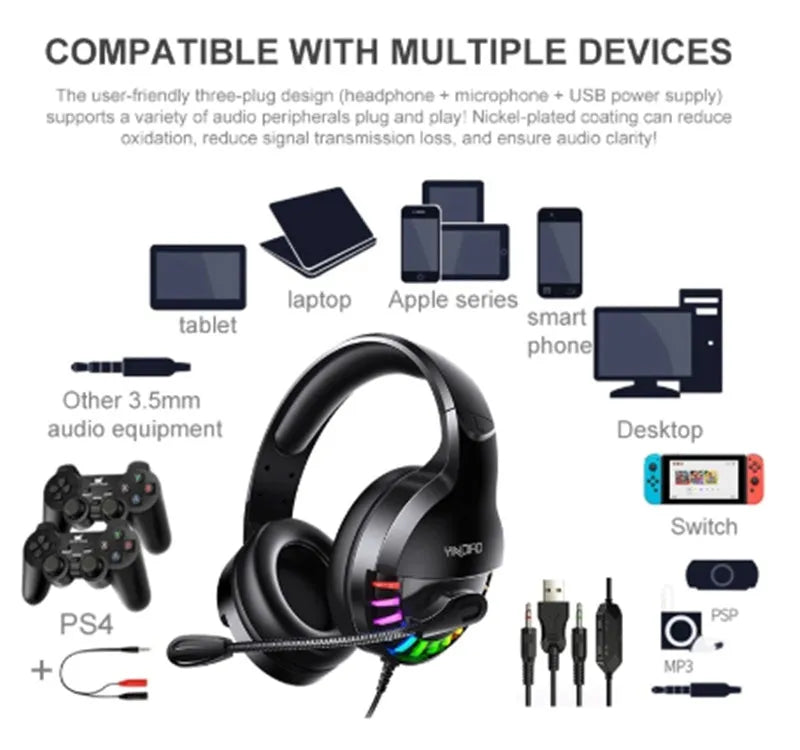Black wired gaming headset with microphone and sound card line control featuring 3.5mm plug
