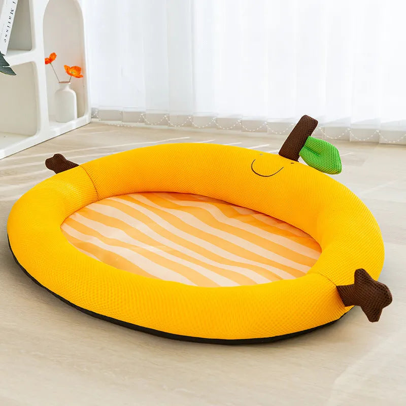 Green pet cooling mat with raised backrest nest for a dog or cat.