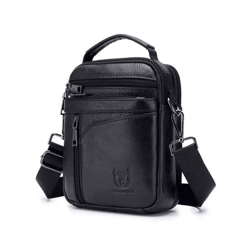 Men's black genuine leather shoulder messenger bag with solid colour finish and retro European American style for leisure travel