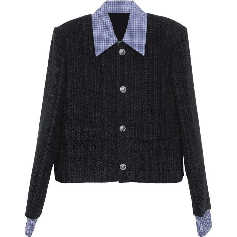 Womens loose casual short tweed jacket with button and stitch detailing, solid colour, cropped 40cm length