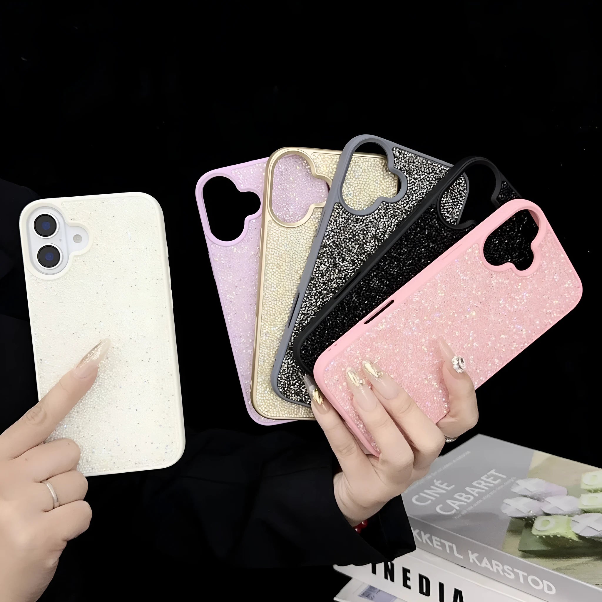 Luxury full diamond handmade phone case for iPhone 17 series in black colour with textured finish