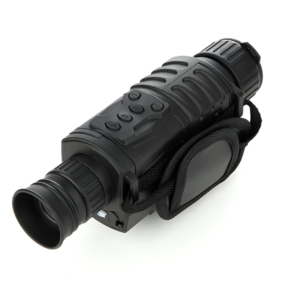 Black digital night vision monocular with 5x magnification, 40mm objective lens, and compact design