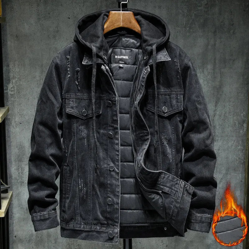 Thick denim jacket men black hooded cotton winter slim fit with lapel collar