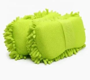 Silver green microfiber car wash sponge measuring 14x25cm on a car surface.