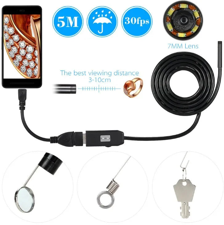 OWSOO USB endoscope camera with flexible tube, 6 LEDs, and attachments including hook and magnet