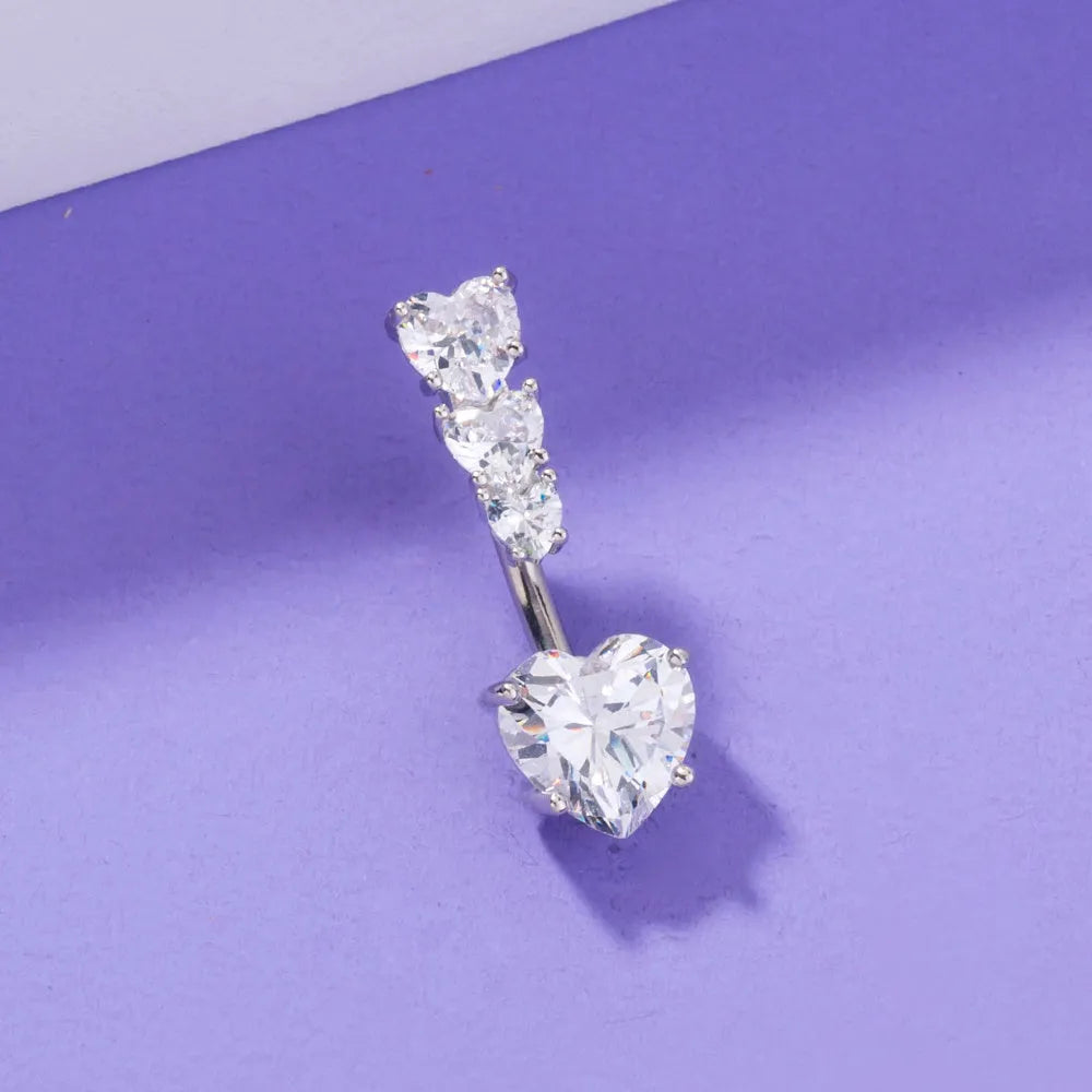 Stainless steel heart-to-heart navel pin on white background, 0.9 cm wide, 2.3 cm tall