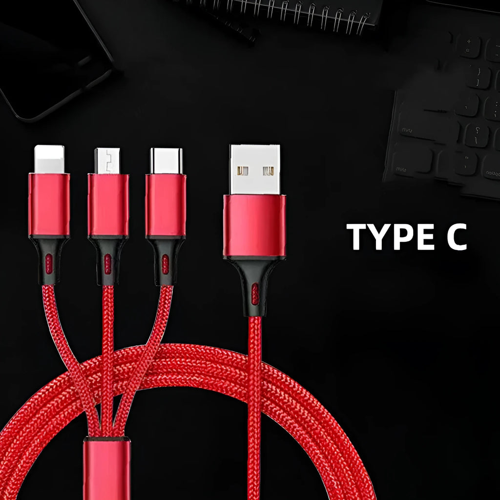 3-in-1 charging cable with TPE and nylon braid, 1.2 metre length, multiple colour options