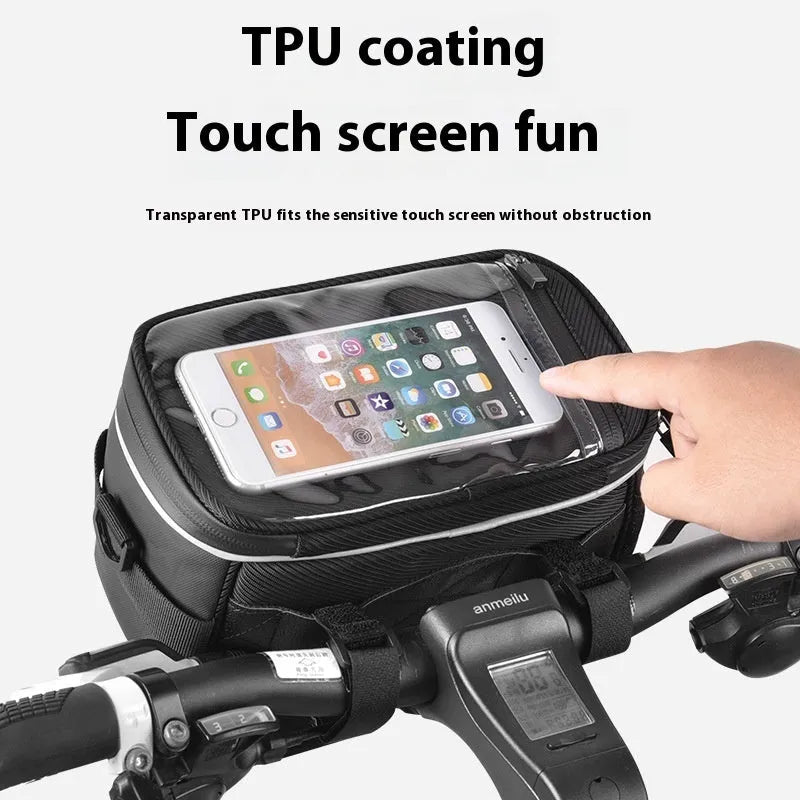 Black 7-inch polyester bicycle handlebar bag with mounting straps.