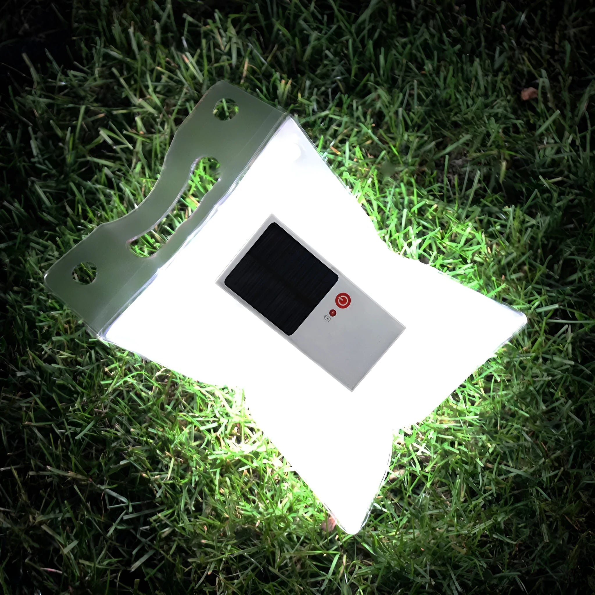 White inflatable solar light with LED lamp for camping and emergency outdoor use, deflated size 310x203x10mm