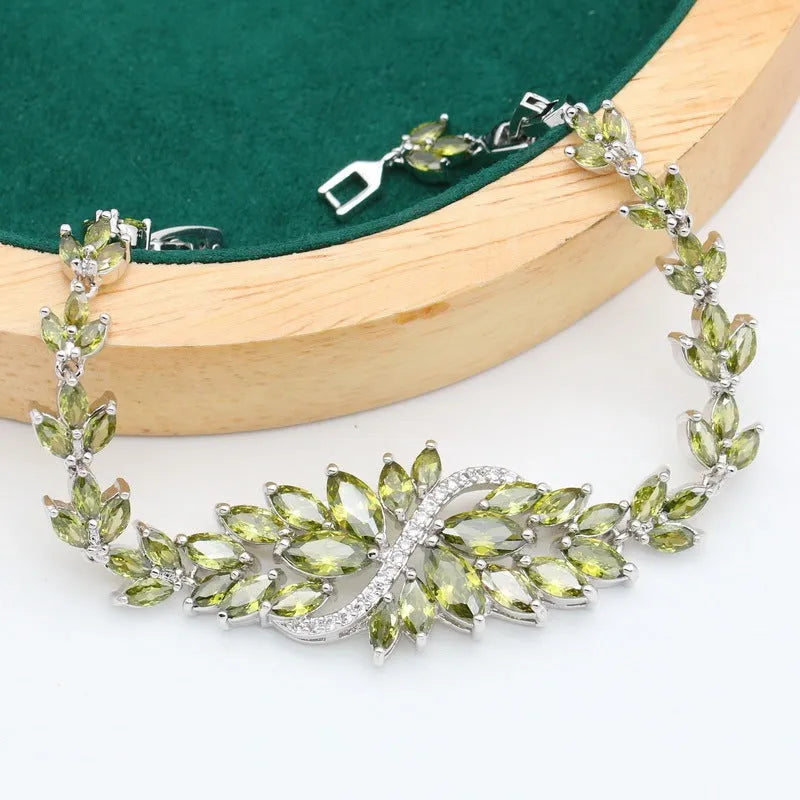 Complete retro floral jewellery set with copper alloy and zircon inlay, showing necklace, bracelet, earrings and ring