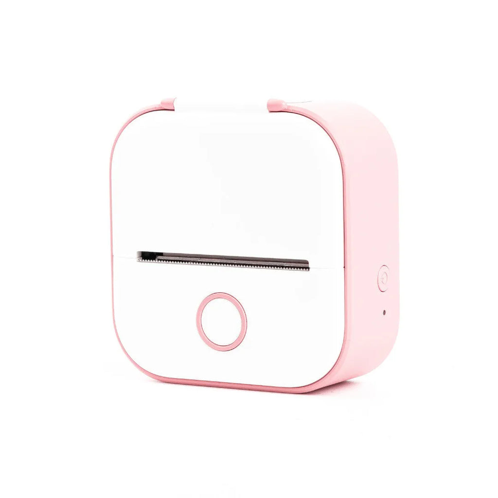 Portable mini thermal label printer in white with Bluetooth, inkless printing, compact 87mm x 90mm x 40mm