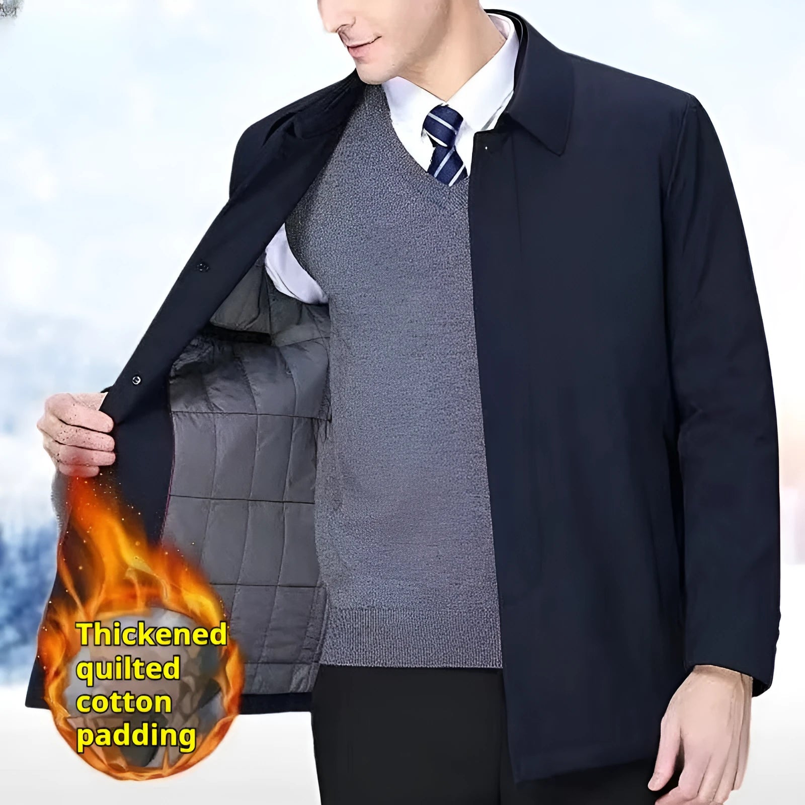 Men's padded thick cotton coat in blue with nylon shell, zip and button front, available in Asian sizes 170 to 190