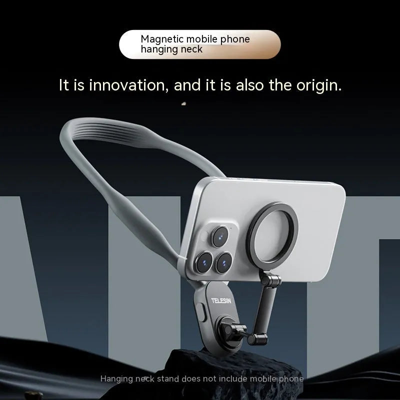 Grey silicone magnetic neck mount holding mobile phone in horizontal orientation